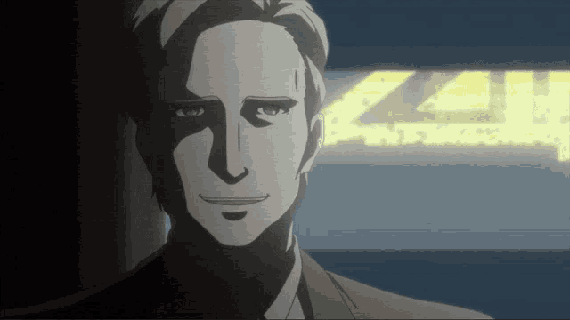 a man in a suit and tie is smiling in front of a sign that says ' a '