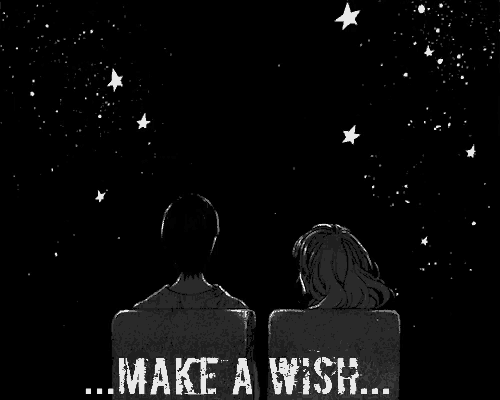 a black and white drawing of a man and a woman looking up at the stars with the words make a wish below them
