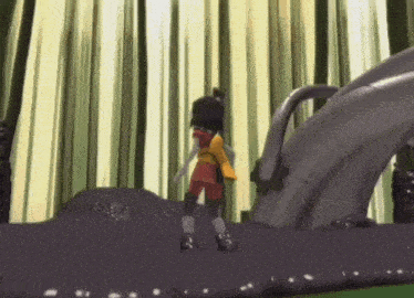 a girl in a yellow jacket and red shorts is standing in the middle of a forest .