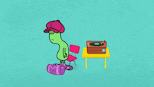 a cartoon of a worm sitting on a chair next to a record player