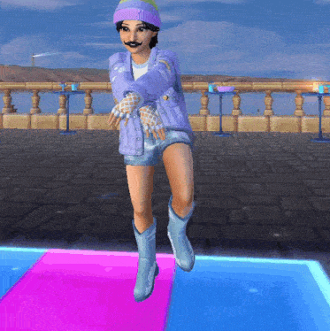 a woman in a purple jacket and blue shorts is dancing