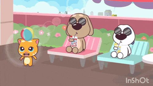a cartoon of a cat a dog and a cat sitting on lounge chairs with the word inshot at the bottom