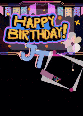 a birthday greeting card with balloons and a picture frame