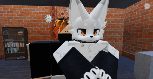 a white furry character stands in front of a brick wall with a clock on it