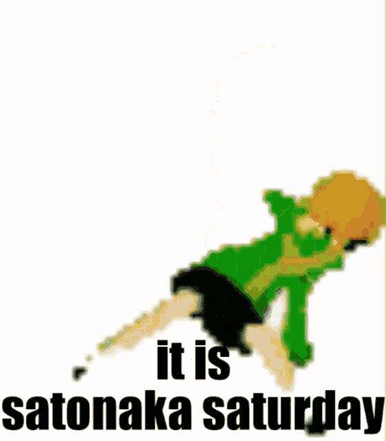 a pixel art of a girl in a green jacket with the words " it is saturday " below her
