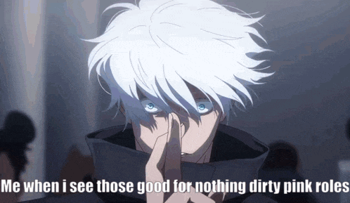 a man with white hair and blue eyes holds his finger to his nose and says me when i see those good for nothing dirty pink