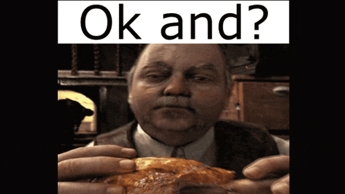 a man in a suit is holding a piece of pizza and the words ok and are above him