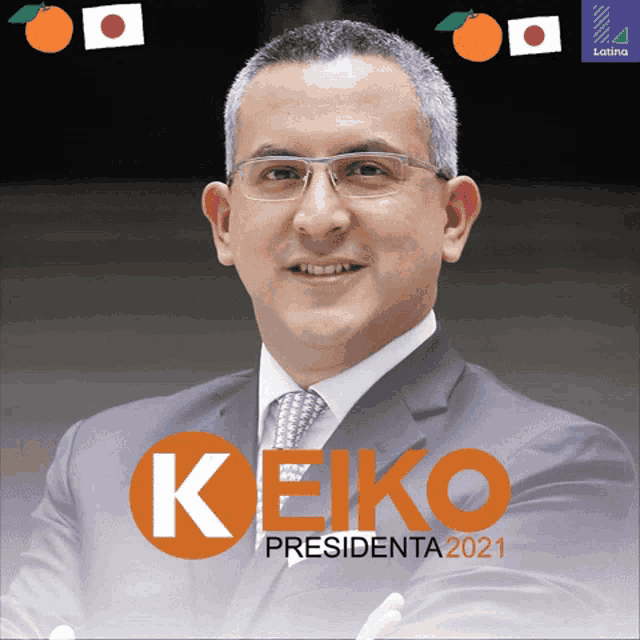 a man in a suit and tie stands in front of an ad for keiko presidente 2021