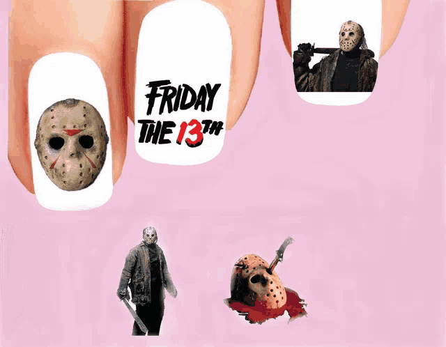 a nail with a picture of jason voorhees and the words " friday the 13th " on it