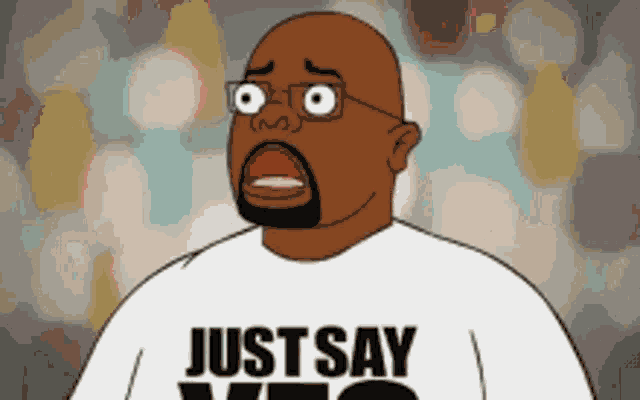 a cartoon man is wearing a white shirt that says just say