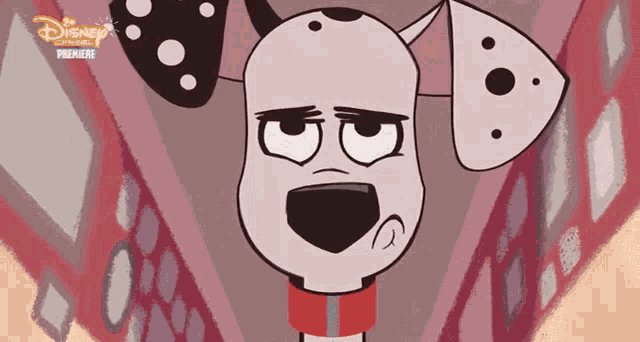 a cartoon dalmatian dog with a disney premiere logo in the background