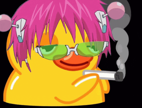 a cartoon duck with pink hair and green sunglasses smoking a cigarette