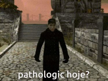 a man in a black coat is walking down a cobblestone street with the words " pathologic hoje " written on the bottom