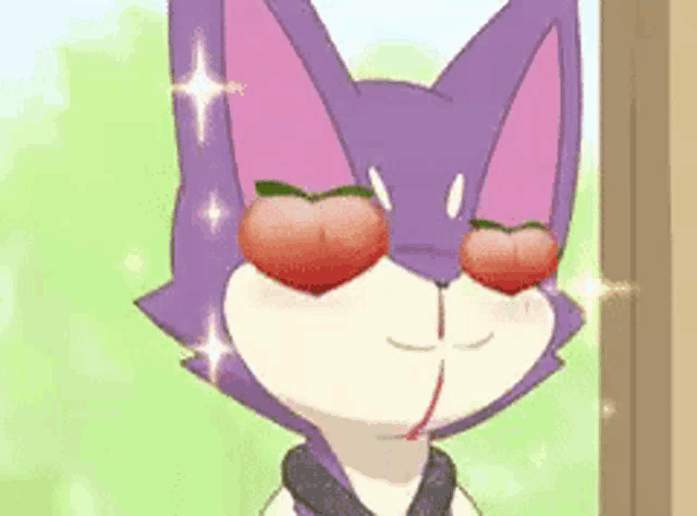 a purple and white cartoon cat with a cherry on its eyes .