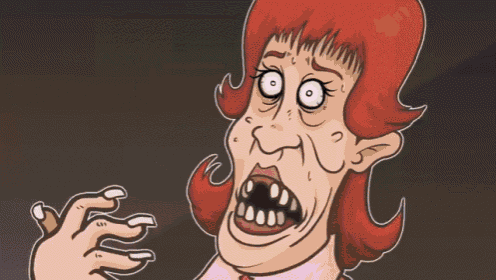a cartoon drawing of a woman with red hair and a huge mouth