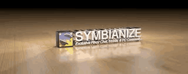 a 3d rendering of a symbianize logo on a wooden floor .