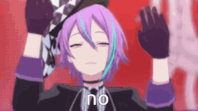a girl with purple hair and blue streaks is wearing a hat and gloves and says `` no '' .