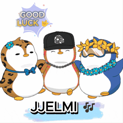 a group of penguins standing next to each other with the words good luck written above them
