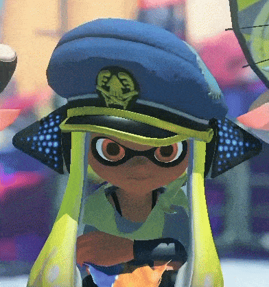 a cartoon character wearing a blue and yellow hat