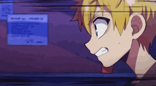 a cartoon of a boy with yellow hair looking at something