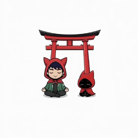 a boy in a red hood sits in a lotus position under a red torii gate
