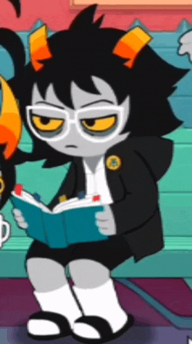 a cartoon character is reading a book with a yellow eye