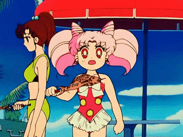 a girl in a pink swimsuit is holding a piece of meat in her hand