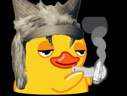 a cartoon duck wearing a furry hat and holding a lighter with smoke coming out of it