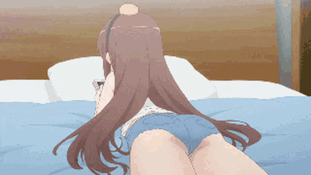 a cartoon girl is laying on a bed looking at her phone