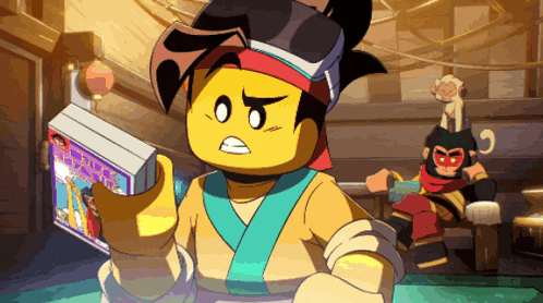 a cartoon of a lego character holding a book with a monkey on his head