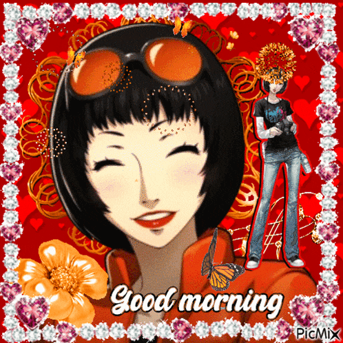 a picture of a girl with the words good morning