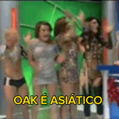 a group of women are dancing in front of a green screen with oak e asiatico written in yellow