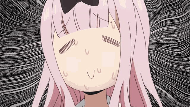 a cartoon girl with pink hair and a bow on her head