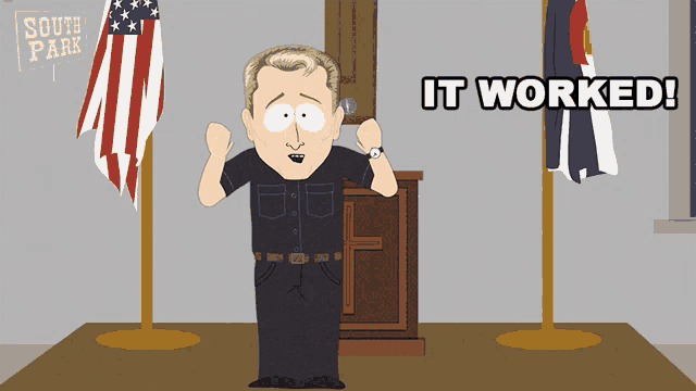 a cartoon of a man standing in front of a south park sign