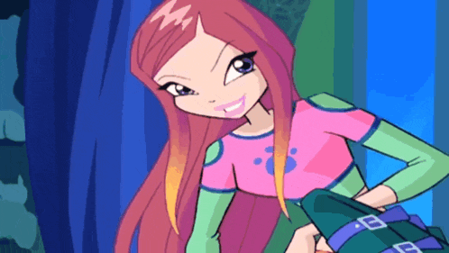 a cartoon girl with a pink shirt and green sleeves