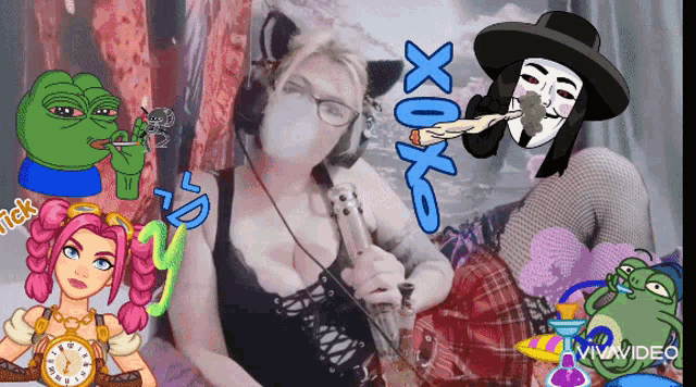 a woman is smoking a hookah with a frog behind her that says xoxo