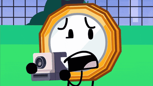 a cartoon character holding a camera and a coin with a sad face