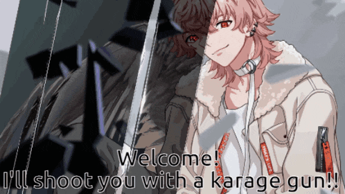 a drawing of a girl with red eyes and the words welcome i 'll shoot you with a karage gun