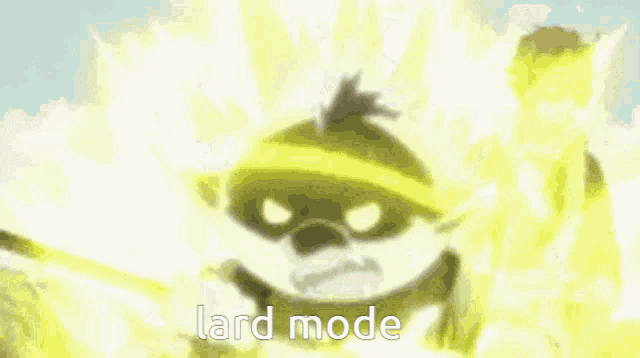 a cartoon character is standing in front of a yellow background with the words `` lard mode '' .