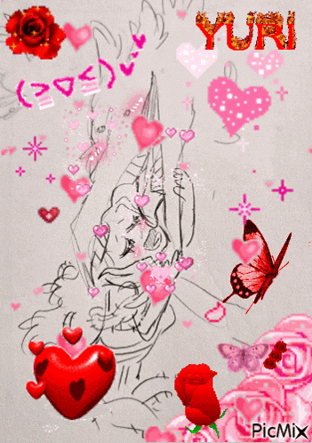 a drawing of a woman with hearts and the word yuri
