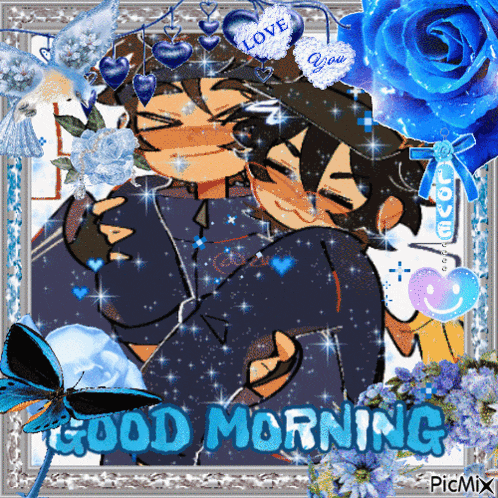 a picture of a man hugging another man with the words good morning on the bottom