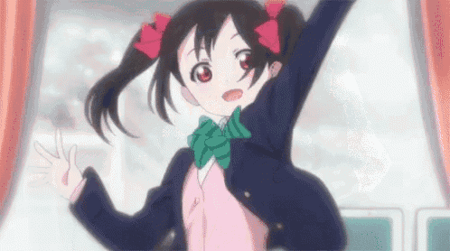 a girl in a school uniform is standing in front of a window with her arms outstretched