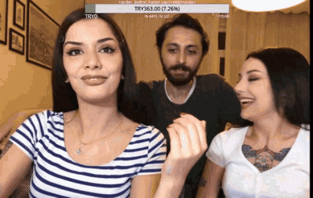 a man and two women are sitting in front of a screen that says try363.00