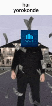 a man standing in front of a house with money falling around him and the words hai yorakonde written above him