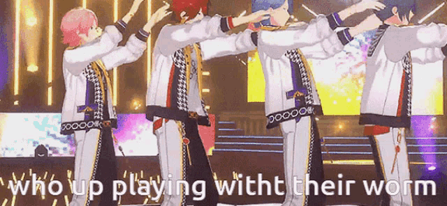 a group of anime characters are dancing on a stage .
