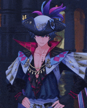 a man wearing a pirate hat with feathers and a necklace