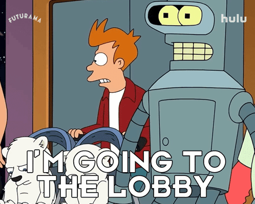 a futurama cartoon shows fry pushing a polar bear in a stroller