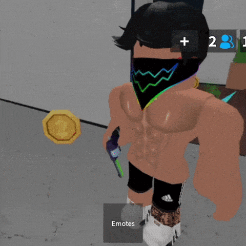 a cartoon character with a bandana and a rainbow halo has emotes written on his torso