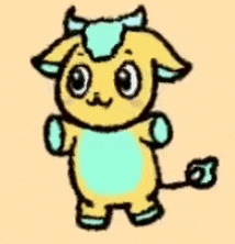 a cartoon drawing of a cow with horns and a tail