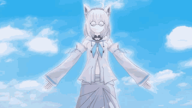 a white anime character with glasses stands in front of a blue sky with white clouds